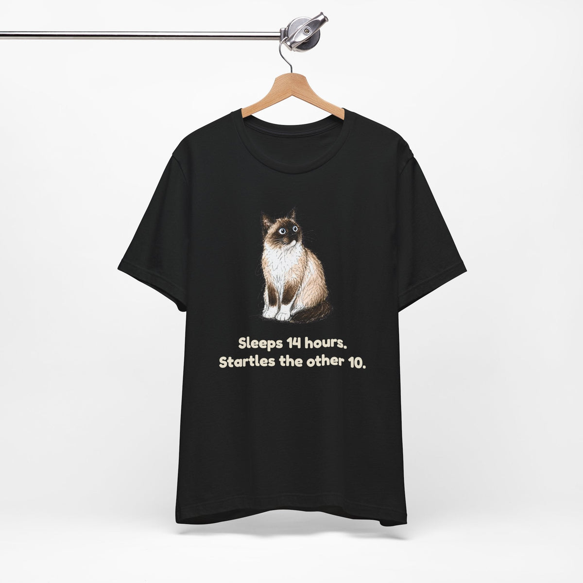 Sleeps 14 Hours. Startles the Other 10. — Funny Senior Snowshoe Cat T-Shirt