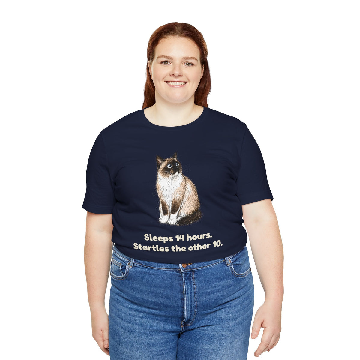 Sleeps 14 Hours. Startles the Other 10. — Funny Senior Snowshoe Cat T-Shirt