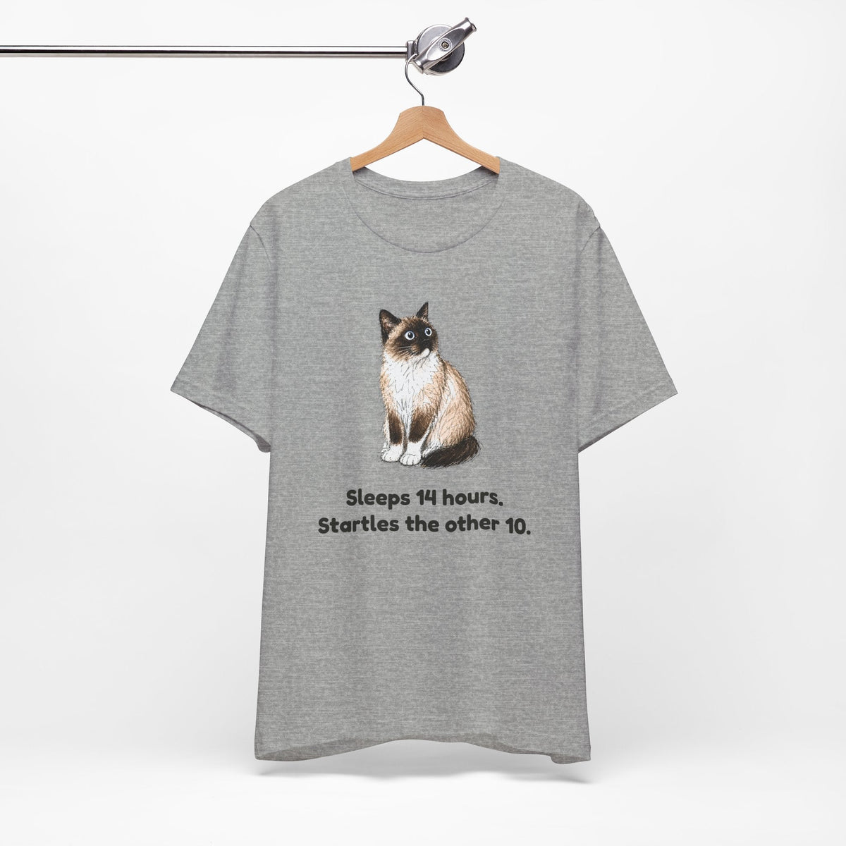 Sleeps 14 Hours. Startles the Other 10. — Funny Senior Snowshoe Cat T-Shirt
