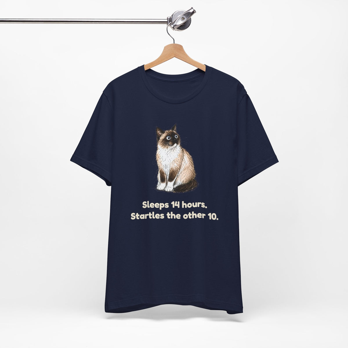 Sleeps 14 Hours. Startles the Other 10. — Funny Senior Snowshoe Cat T-Shirt